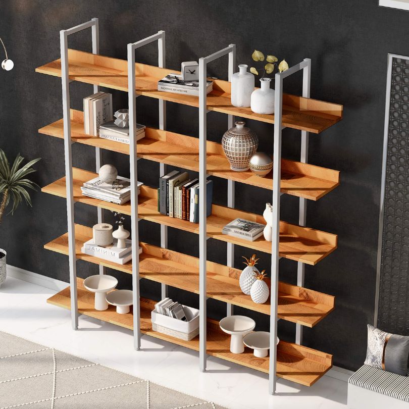 Modern Brown and White 5 Tier Open Bookshelf with Metal Frame