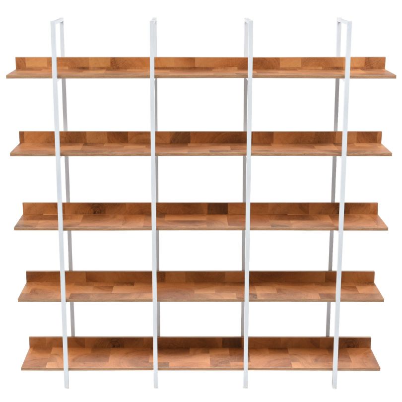 Modern Brown and White 5 Tier Open Bookshelf with Metal Frame