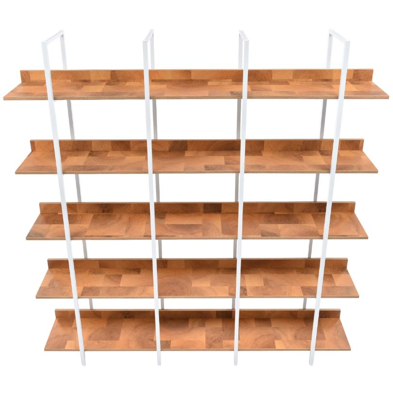 Modern Brown and White 5 Tier Open Bookshelf with Metal Frame