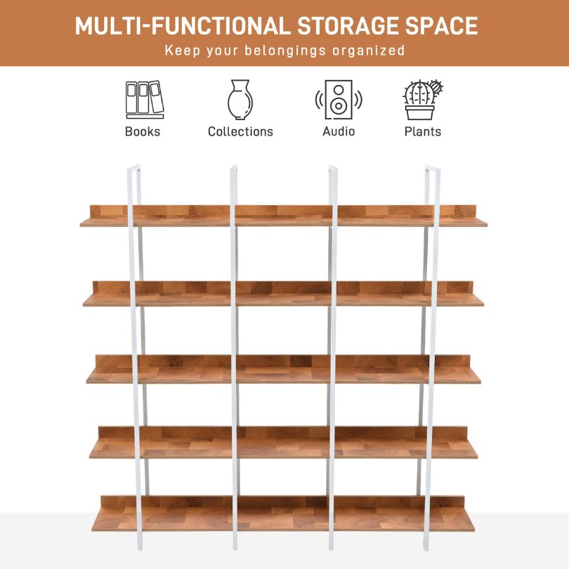 Modern Brown and White 5 Tier Open Bookshelf with Metal Frame