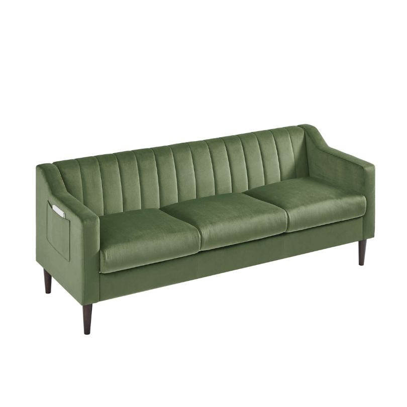 Modern Chesterfield Upholstered Green Velvet Sofa with Storage Side Pocket and Wooden Frame