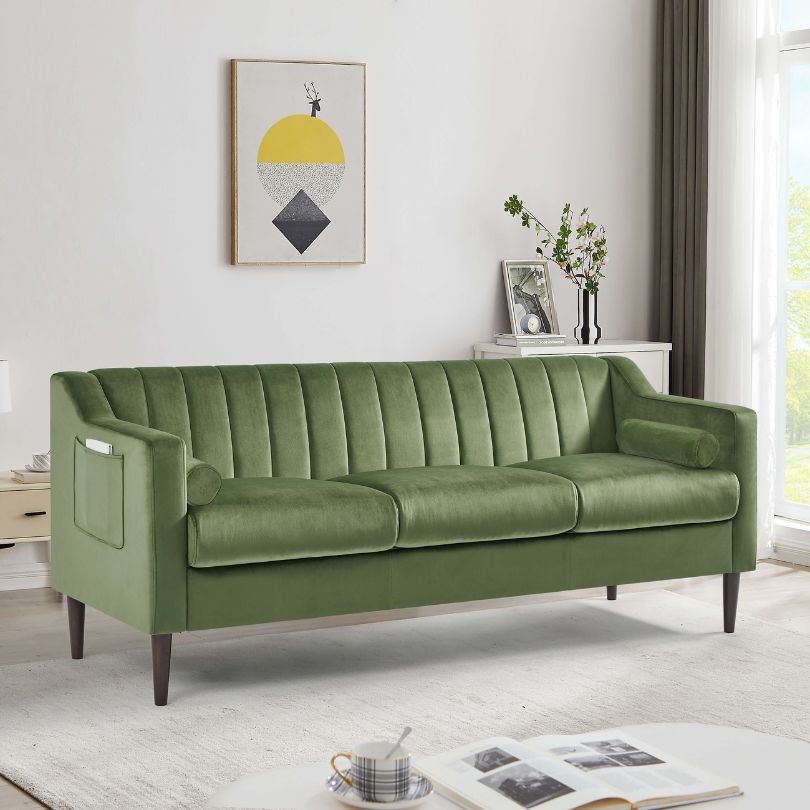 Modern Chesterfield Upholstered Green Velvet Sofa with Storage Side Pocket and Wooden Frame