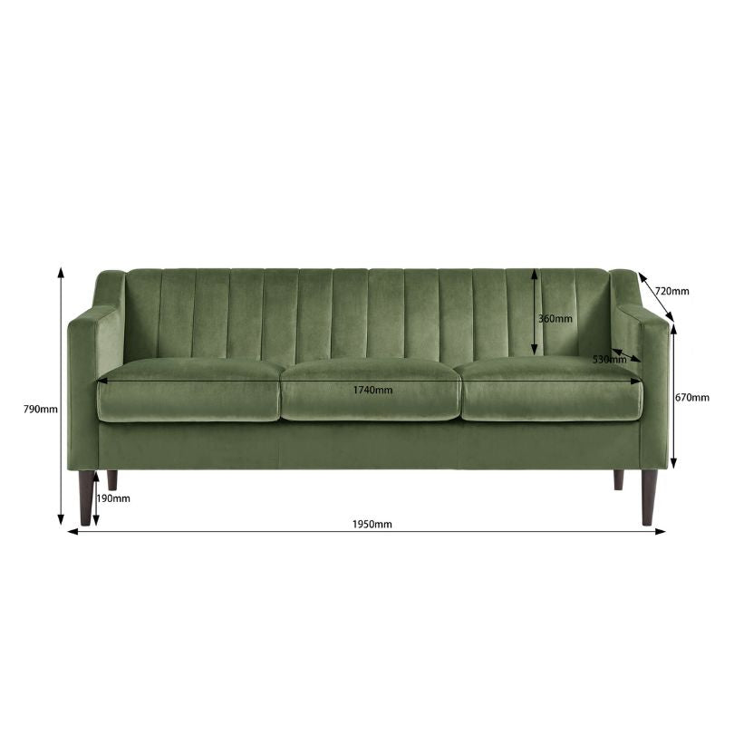 A dimension Image of our Modern Chesterfield Upholstered Green Velvet Sofa with Storage Side Pocket and Wooden Frame