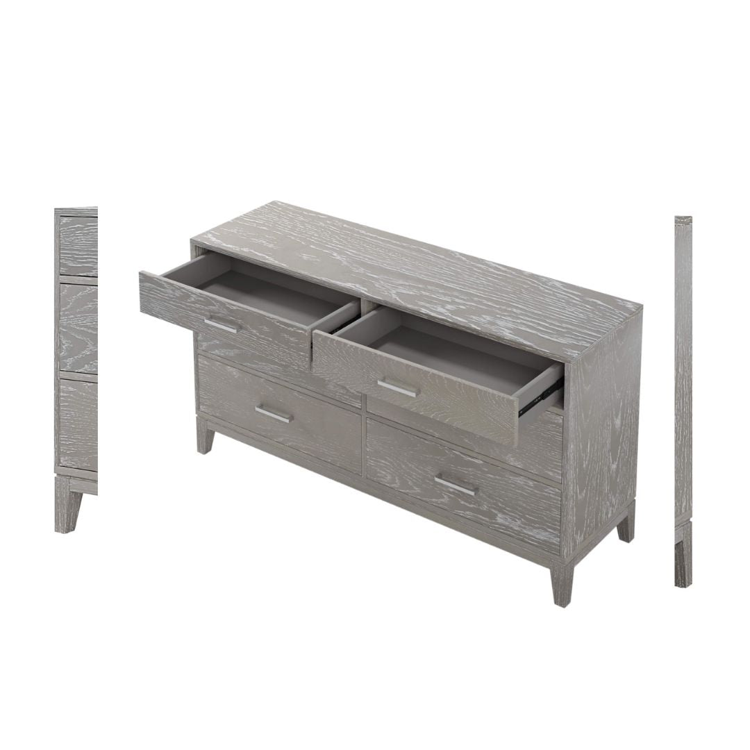 An open drawer of Gray Wood 6-Drawer Dresser