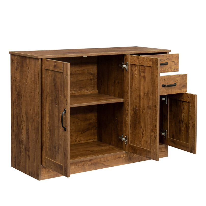 Open doors, opened drawers of the dark walnut cabinet 