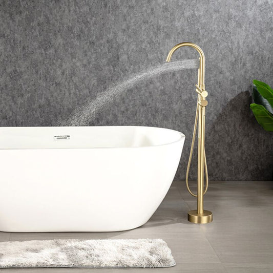 Modern Gold Brass Freestanding Bathtub Filler Faucet with Handheld Shower - 30"