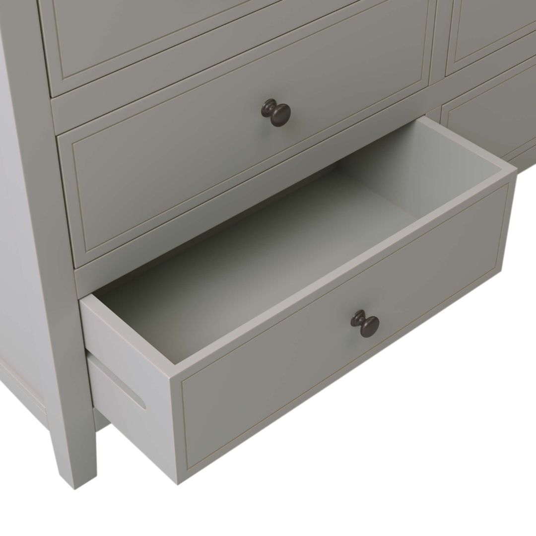 An open drawer of the Modern Gray Solid wood 7-Drawer Dresser