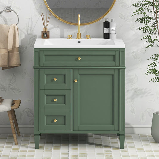 Modern Green Single Top Sink Bathroom Vanity with 2 Drawers and a Tip-out Drawer 30 x 18