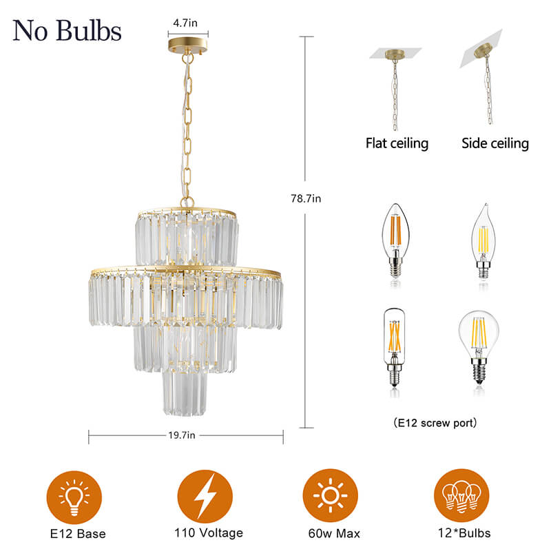 A dimension Image and Product details of the Modern Luxury Gold Crystal 4-Tier Pendant Light Chandelier 19.7W x 78.7"H