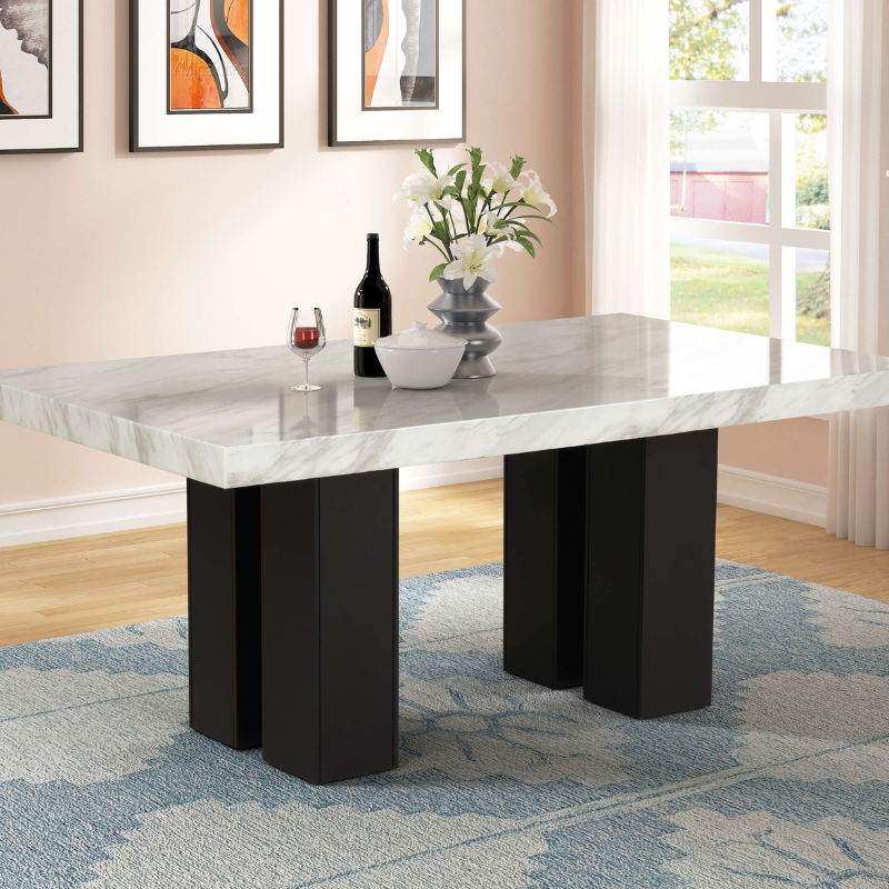 7 Piece Faux Marble Dining Table Set with Gray Velvet Chairs