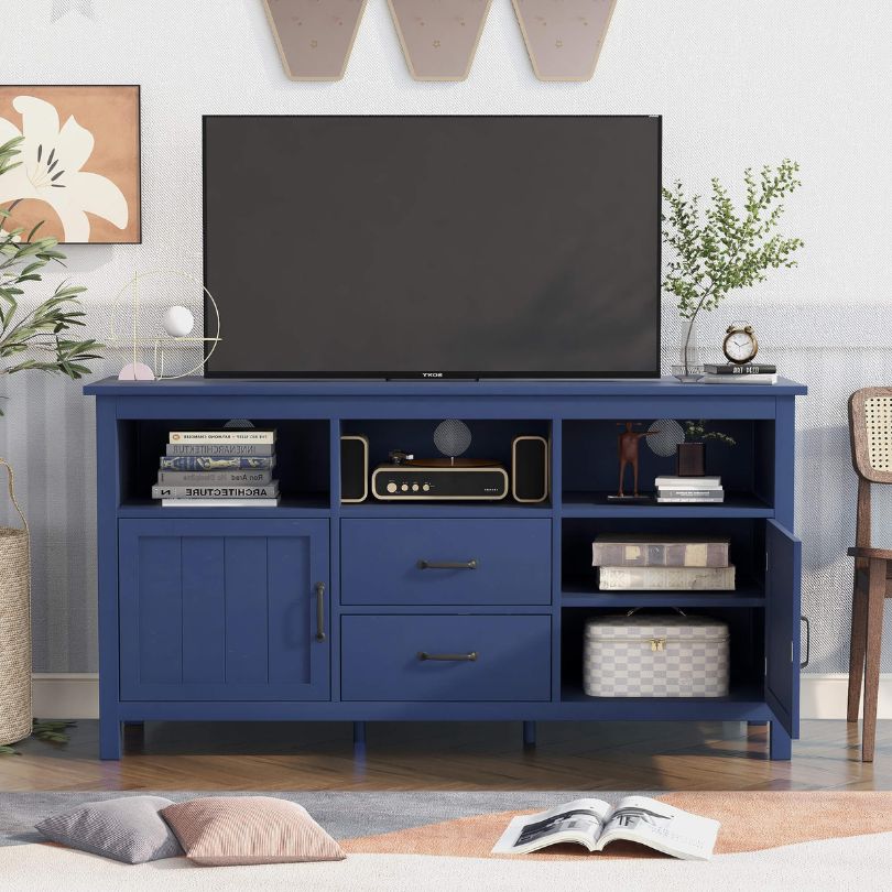 Modern Navy Blue TV Stand with Storage Cabinet