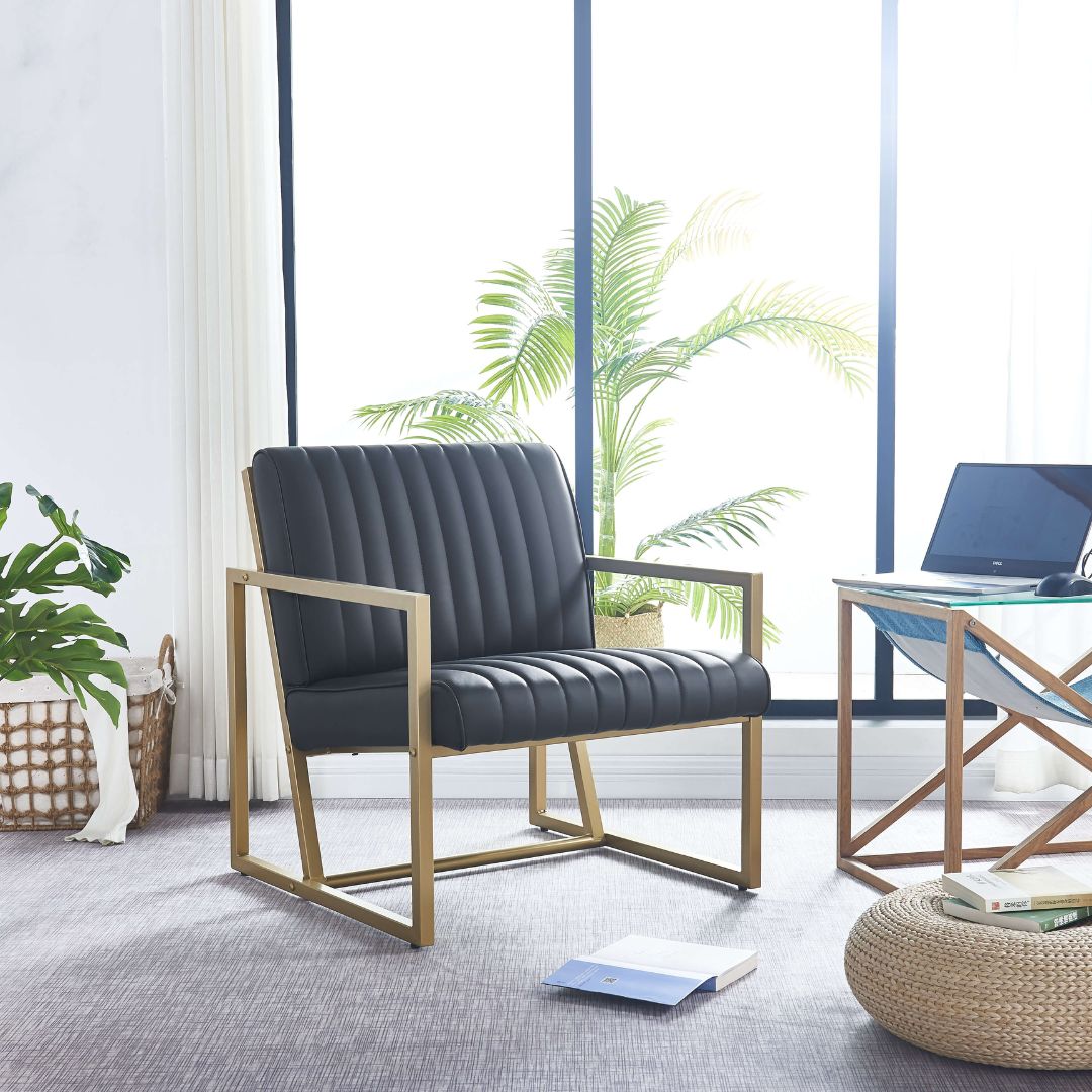 Modern Gold Steel Frame Arm Chair with Black PU Leather