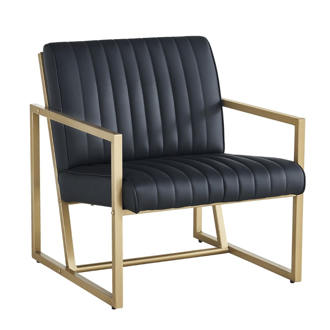 Modern Gold Steel Frame Arm Chair with Black PU Leather