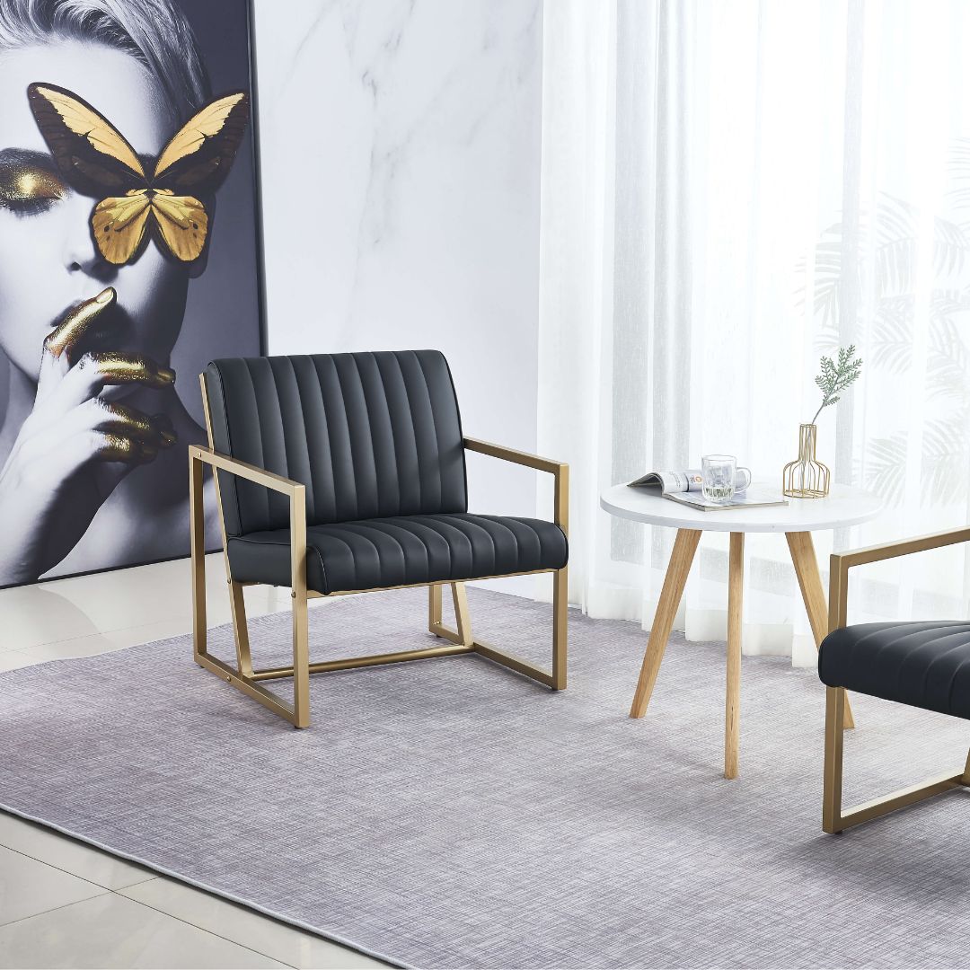 Modern Gold Steel Frame Arm Chair with Black PU Leather