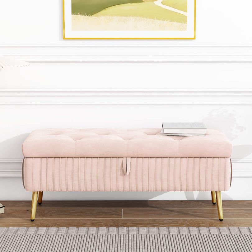 Modern Pink Entryway Button-Tufted Storage Ottoman