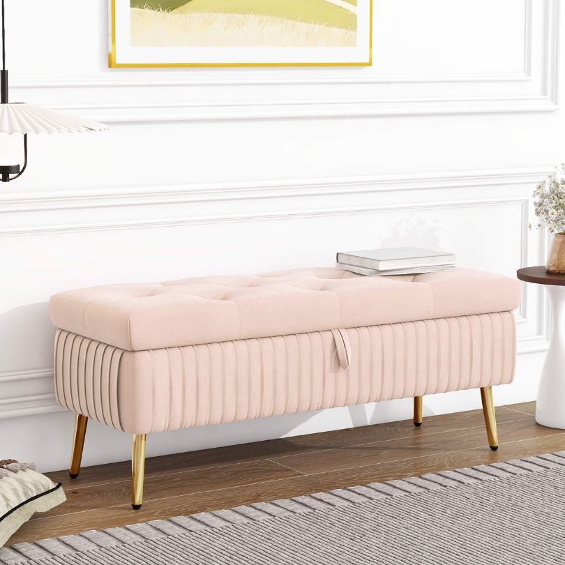 Modern Pink Entryway Button-Tufted Storage Ottoman