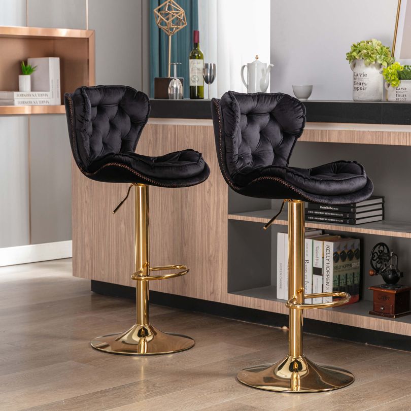 Modern Tufted Bar Stools With Adjustable Gold Base