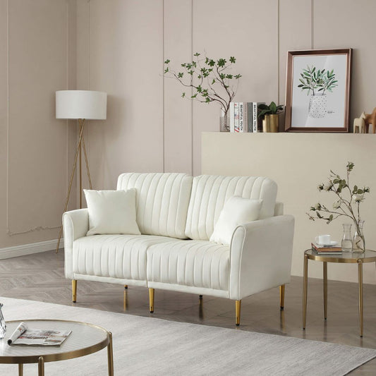 Modern Upholstered Cream Velvet 2-Seater Loveseat Sofa