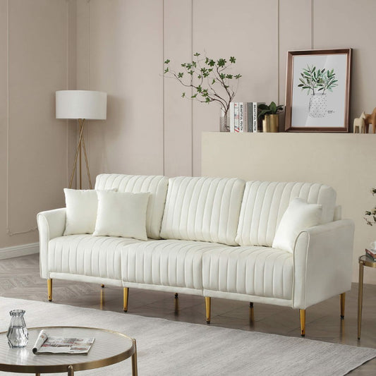 Modern Upholstered Cream Velvet 3-Seater Sofa