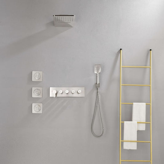 Modern Wall-Mounted Nickel Rain Shower System With 3 Body Sprays & Handheld Shower