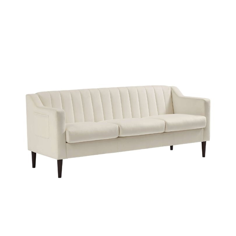 Modern White Chesterfield 3-seater Velvet Fabric Sofa with Side Pocket and Brown Wooden Legs