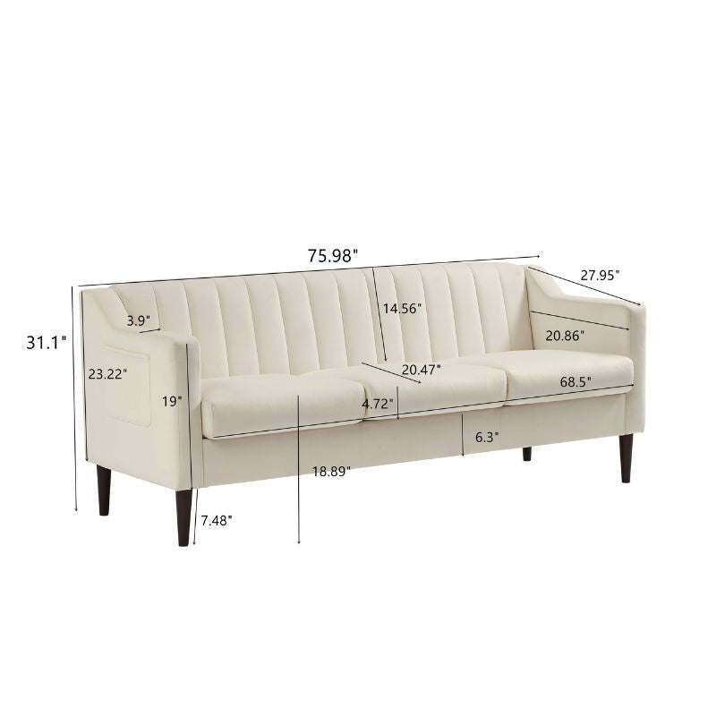 A dimension image of our Modern White Chesterfield 3-seater Velvet Fabric Sofa with Side Pocket and Brown Wooden Legs