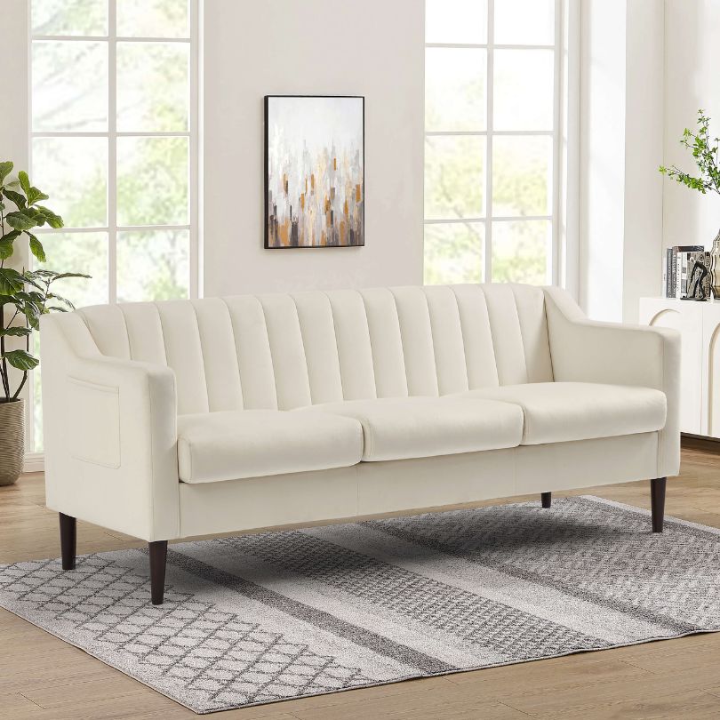 Modern White Chesterfield 3-seater Velvet Fabric Sofa with Side Pocket and Brown Wooden Legs