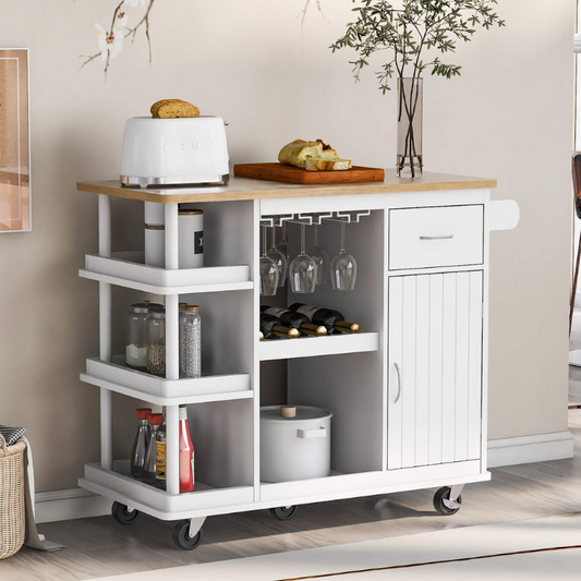 Modern White Kitchen Cart Cabinet with Side Storage Shelves