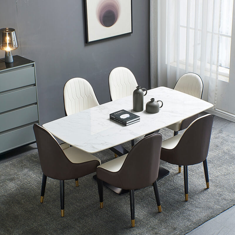 Modern White Rectangular Sintered-stone Dining Table Set with Black X-shaped Base - 6 Chairs & 1 Table