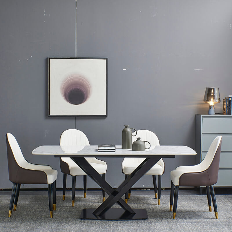 Modern White Rectangular Sintered-stone Dining Table Set with Black X-shaped Base - 6 Chairs & 1 Table