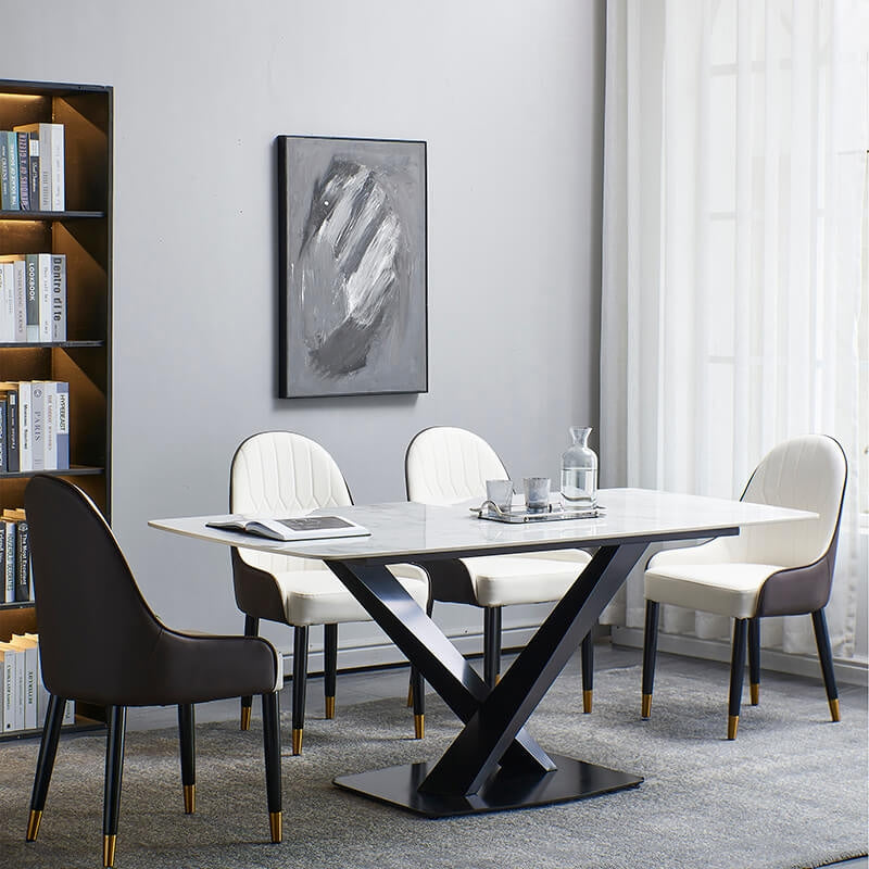 Modern White Rectangular Sintered-stone Dining Table Set with Black X-shaped Base - 6 Chairs & 1 Table