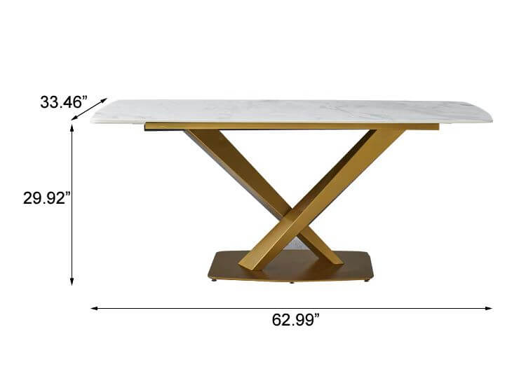 A dimension Image of our Modern White Rectangular Sintered-stone Dining Table Set with X-shaped Gold Carbon Steel Base - 4 Chairs & 1 Table