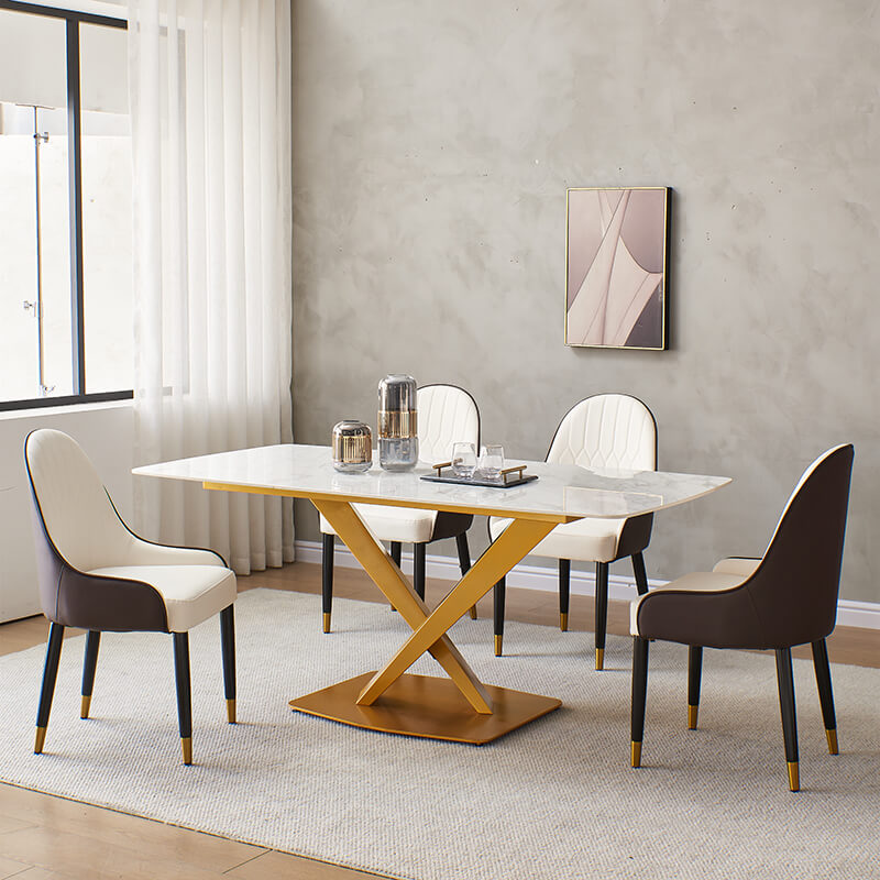 Modern White Rectangular Sintered-stone Dining Table Set with X-shaped Gold Carbon Steel Base - 4 Chairs & 1 Table