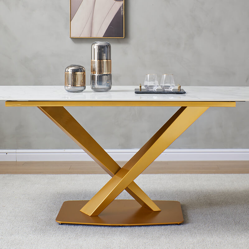 Modern White Rectangular Sintered-stone Dining Table Set with X-shaped Gold Carbon Steel Base - 6 Chairs & 1 Table