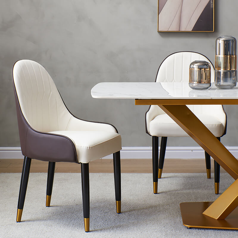 Modern White Rectangular Sintered-stone Dining Table Set with X-shaped Gold Carbon Steel Base - 6 Chairs & 1 Table