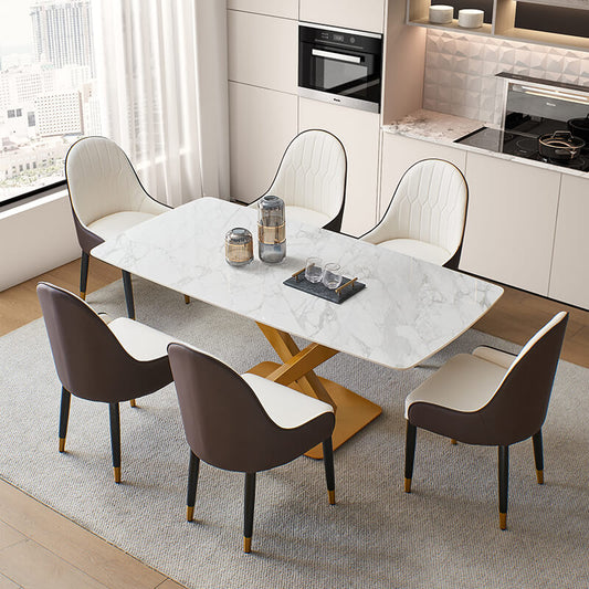 Modern White Rectangular Sintered-stone Dining Table Set with X-shaped Gold Carbon Steel Base - 6 Chairs & 1 Table