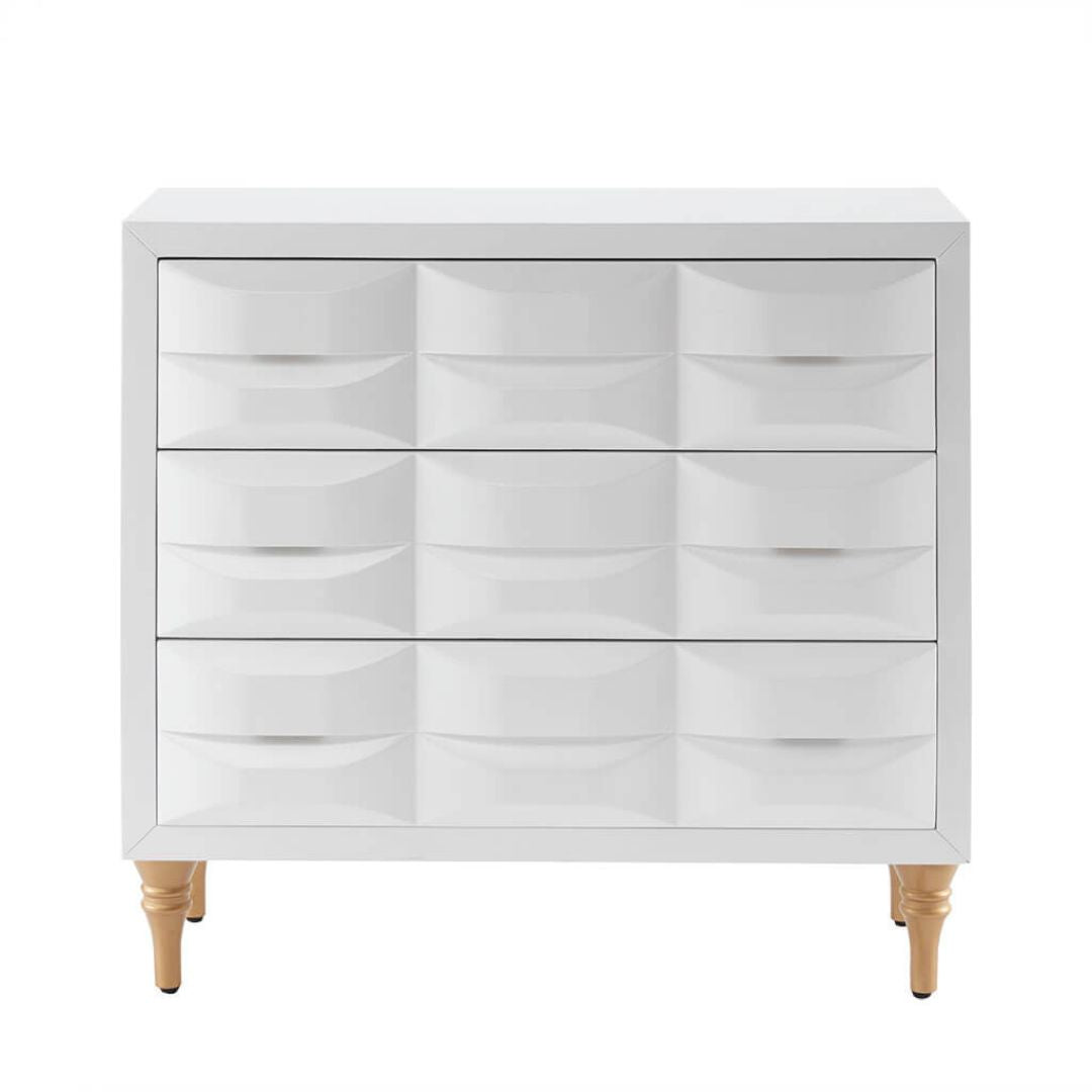 Modern White Rubrix 3-drawer Chest in a white background 