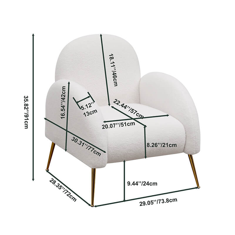 A dimension Image of Modern White Sherpa Upholstered Accent Armchair with Golden Legs - 29.5" x 31.5"