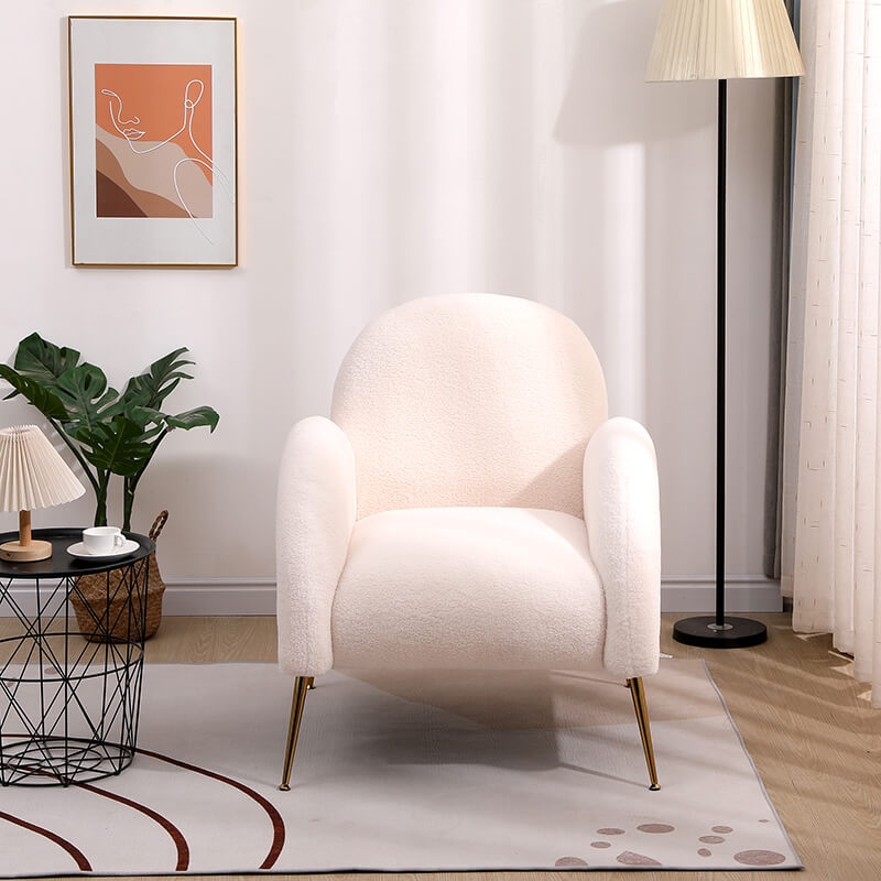 Modern White Sherpa Upholstered Accent Armchair with Golden Legs - 29.5" x 31.5"