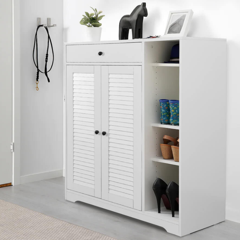 Modern White Slim Shoe Cabinet with Adjustable Shelf & Top Drawer