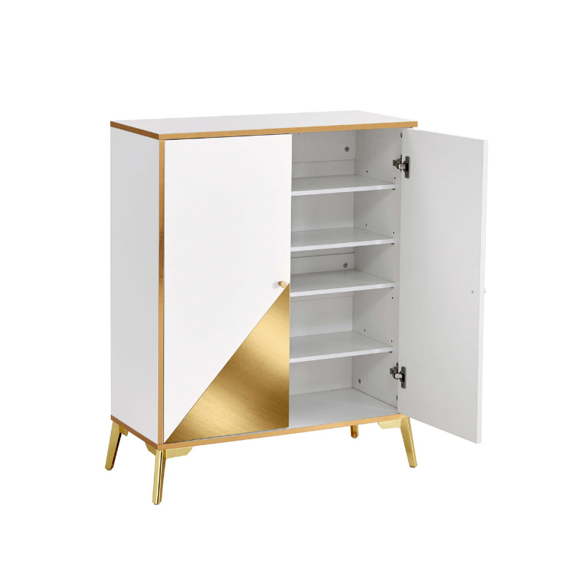 Modern White & Gold Shoe Console Cabinet with 5 Shelves