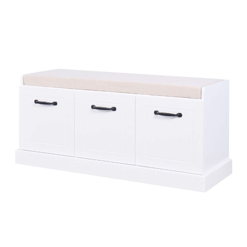 Modern Wooden Entryway Storage Bench with Beige Cushion and Shoe Cabinet