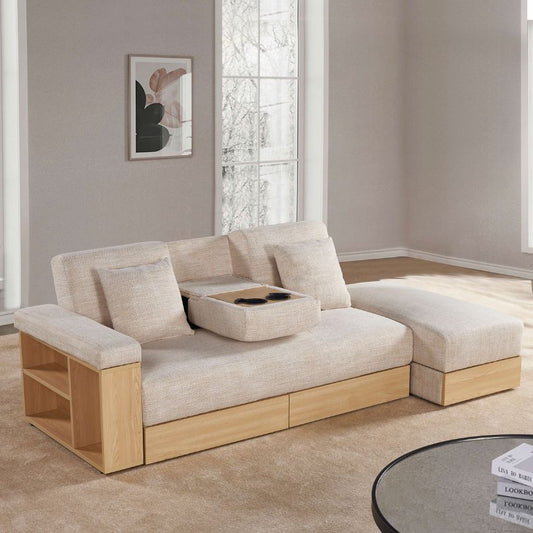 Multi-functional Beige Sectional Sleeper Sofa with Side Storage and Pull-Out Drawer