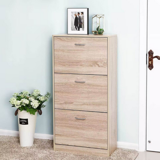 Natural Wood Shoe Cabinet with 3 Flip Drawers