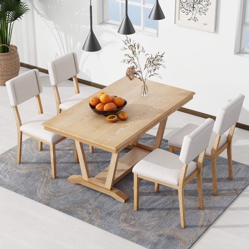 Natural+Beige 5-piece Rectangle Dining Table Set with 4 Chairs and Trestle Table Base