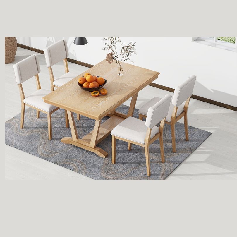 Natural+Beige 5-piece Rectangle Dining Table Set with 4 Chairs and Trestle Table Base