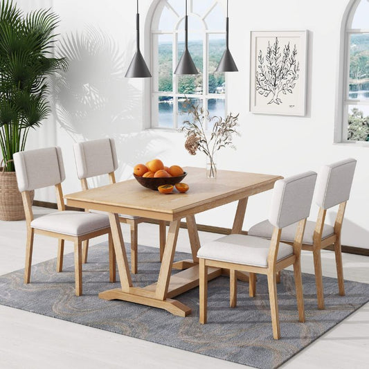 Natural+Beige 5-piece Rectangle Dining Table Set with 4 Chairs and Trestle Table Base