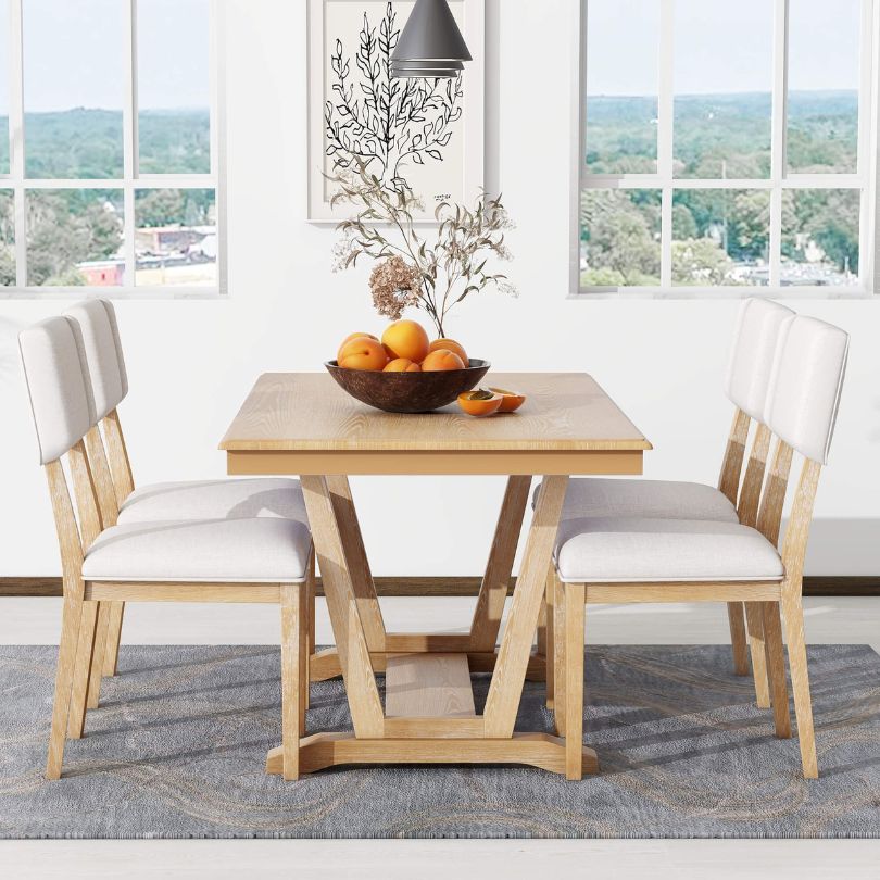 Natural+Beige 5-piece Rectangle Dining Table Set with 4 Chairs and Trestle Table Base