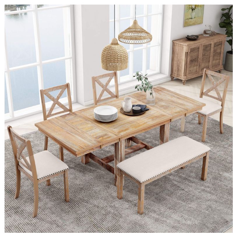 Natural+Beige Farmhouse 6-piece Dining Table with 4 Dining Chairs and Bench