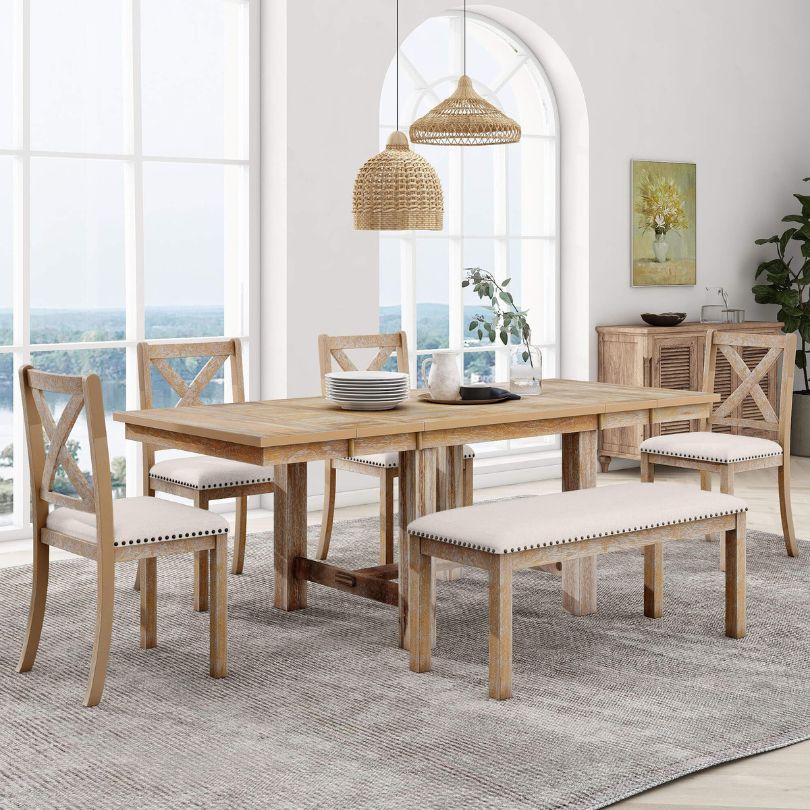 Natural+Beige Farmhouse 6-piece Dining Table with 4 Dining Chairs and Bench